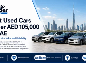 Lineup of popular used cars parked in the UAE, suitable for buyers with a budget under AED 105,000