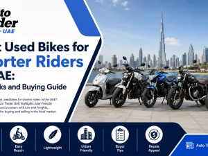 Used motorcycles suitable for shorter riders parked in a UAE city street