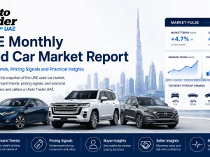 Used car showroom in the UAE with popular SUV and sedan models displayed