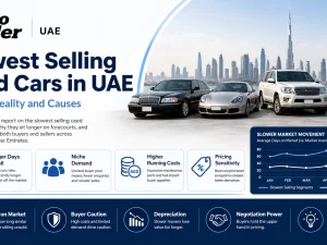 Row of used luxury sedans and SUVs parked at a UAE dealership, some clearly unsold for longer