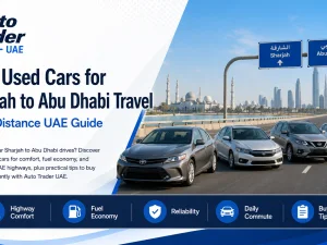 Used sedan driving on UAE highway between Sharjah and Abu Dhabi