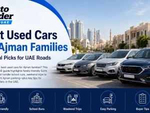 Family getting into a used SUV parked in a residential area in Ajman, UAE