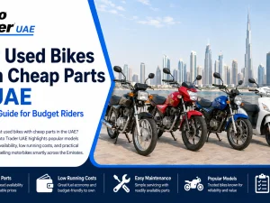 Used commuter motorcycles parked in UAE showing budget-friendly bikes with cheap parts