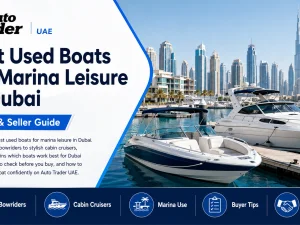 Used leisure boats moored in a Dubai marina at sunset