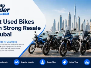 Used sport bikes parked in Dubai with city skyline in the background