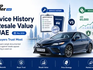 Used car buyer in UAE comparing service history and resale value on a tablet in May 2026
