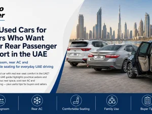 Rear passengers sitting comfortably in the back seat of a used car in the UAE