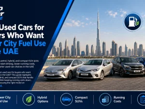 Used fuel-efficient compact car driving in UAE city traffic