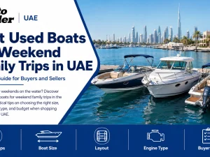 Family enjoying a weekend trip on a used boat along the UAE coastline
