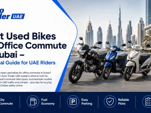 Used commuter motorcycle parked in Dubai business district