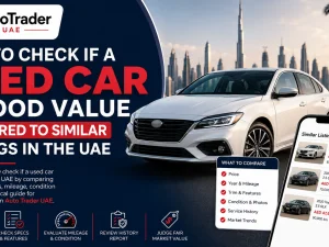 Buyer comparing used car prices and specs on Auto Trader UAE