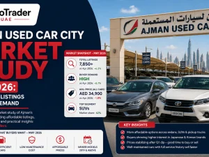 Ajman Used Car City showrooms with affordable used cars lined up in May 2026