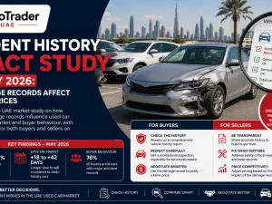 Used cars parked in a UAE dealership lot with varying accident histories