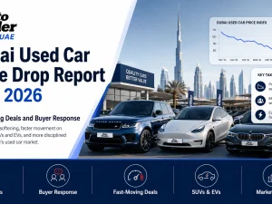 Used cars parked in Dubai with price drop tags in May 2026