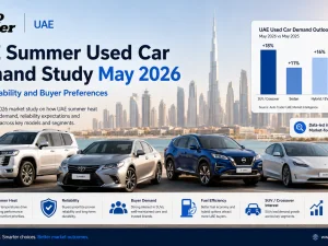 Used cars parked under the UAE summer sun, illustrating market demand trends in May 2026