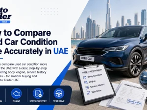 Buyer inspecting a used car body and engine in the UAE