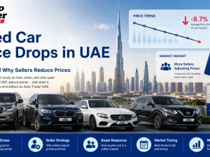 Used cars parked in a UAE dealership lot with visible price tags, indicating recent price drops