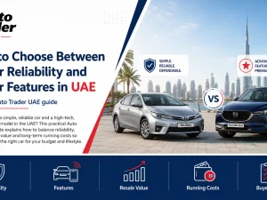 Driver comparing a reliable car and a feature-packed car in the UAE