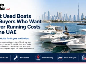 Used center console boat cruising off the UAE coast at sunset
