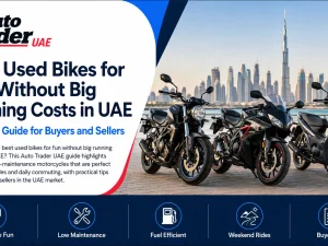 Used sport and naked bikes parked in the UAE, representing affordable fun motorcycles