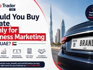 Business car in UAE with branded livery and a distinctive number plate used for marketing