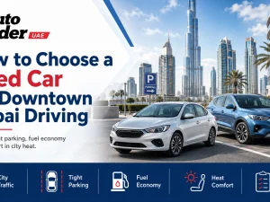 Used compact car driving in Downtown Dubai traffic