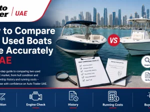 Used boats moored in a UAE marina being inspected side by side