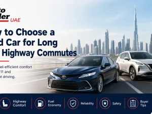 Used sedan driving on a UAE highway at sunset, suitable for long daily commutes