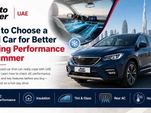 Used sedan parked in UAE sun with driver checking air conditioning performance