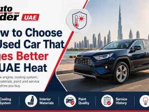 Used car parked under sunshade in UAE showing how to protect vehicles from heat