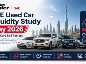 Used cars parked in a Dubai lot, illustrating UAE used car market liquidity in May 2026
