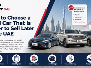 Used cars lined up in a UAE dealership, showing popular models and colours that resale well