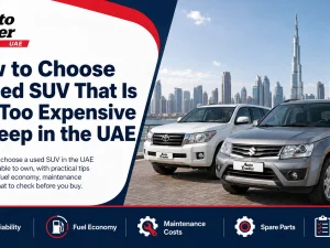 Used SUV parked in UAE with city skyline in the background