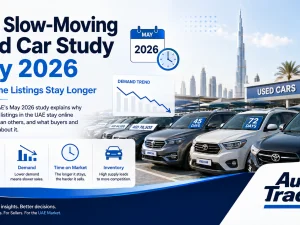 Used cars parked in a UAE dealership lot highlighting slow-moving inventory in May 2026