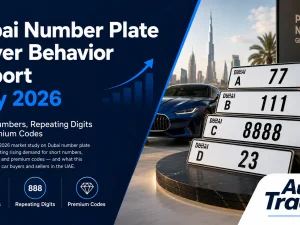 Premium Dubai number plates on luxury SUVs parked in Dubai