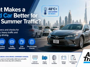 Used car driving in UAE summer traffic under strong sun