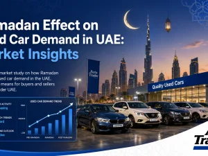 Used cars on display in a UAE showroom during Ramadan offers season