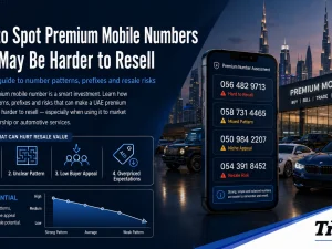 Premium UAE mobile number on smartphone screen next to car key
