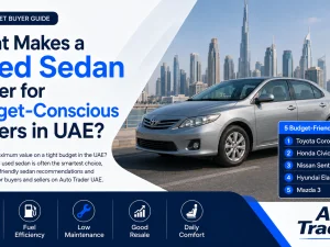 Used sedan parked in UAE city street representing a budget-friendly choice