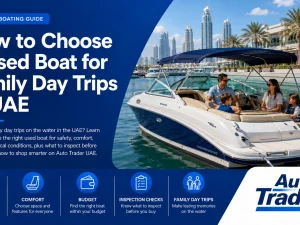 Used family day boat cruising off the UAE coast on a sunny day