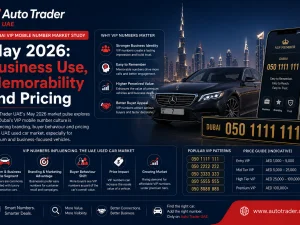 Dubai luxury cars dealership exterior with VIP mobile number branding on signage