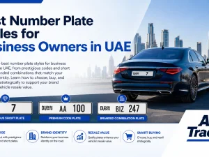 Business owner luxury car with distinctive UAE number plate parked outside office