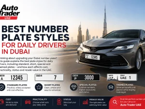 Different Dubai car number plate styles on daily driver vehicles in the UAE