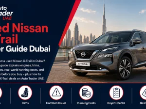 Used Nissan X-Trail SUV parked in Dubai street
