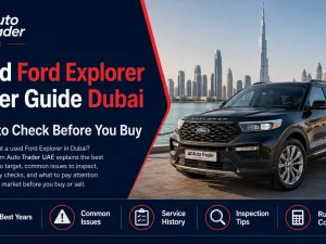 Used Ford Explorer SUV parked in Dubai with city skyline in the background