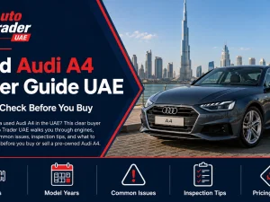 Used Audi A4 sedan parked in the UAE with city skyline in the background