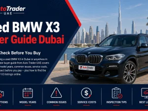 Used BMW X3 SUV parked in Dubai with city skyline in the background