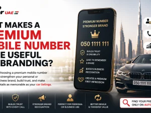 Premium mobile number highlighted on a smartphone next to car keys in the UAE