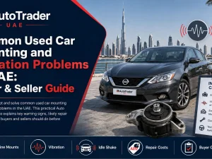 Mechanic inspecting engine mounts and vibration issues on a used car in the UAE