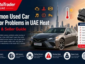 Mechanic inspecting engine sensors in a used car affected by UAE heat